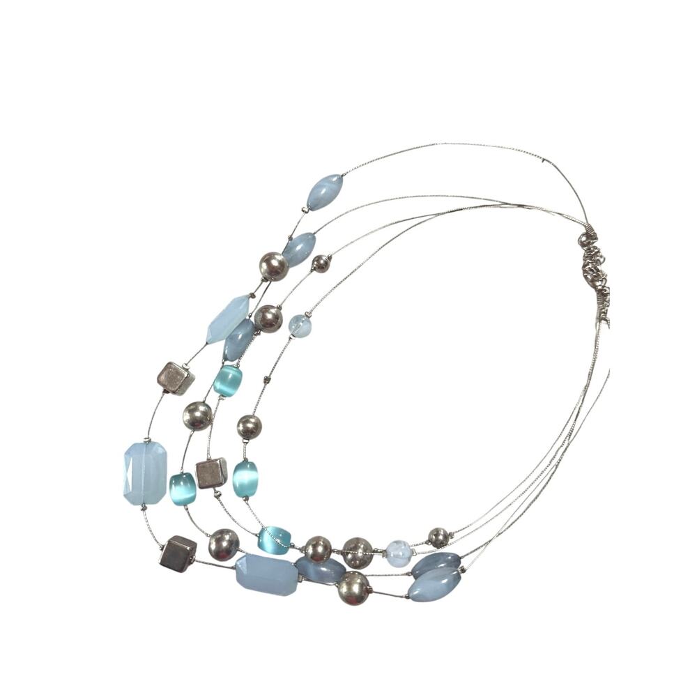 Necklace Light blues silver beads and squares on small silver tone  cords